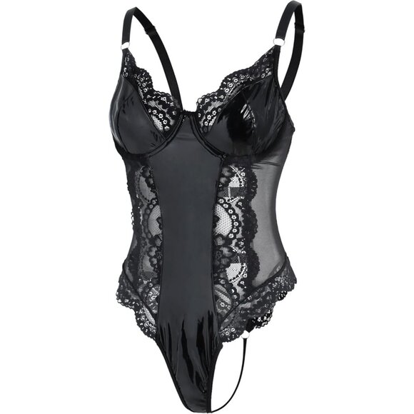 Sexy Black Lace Corset Teddy Lingerie Women Push Up Leather Sheer Bodysuit Top - Picture 6 of 6